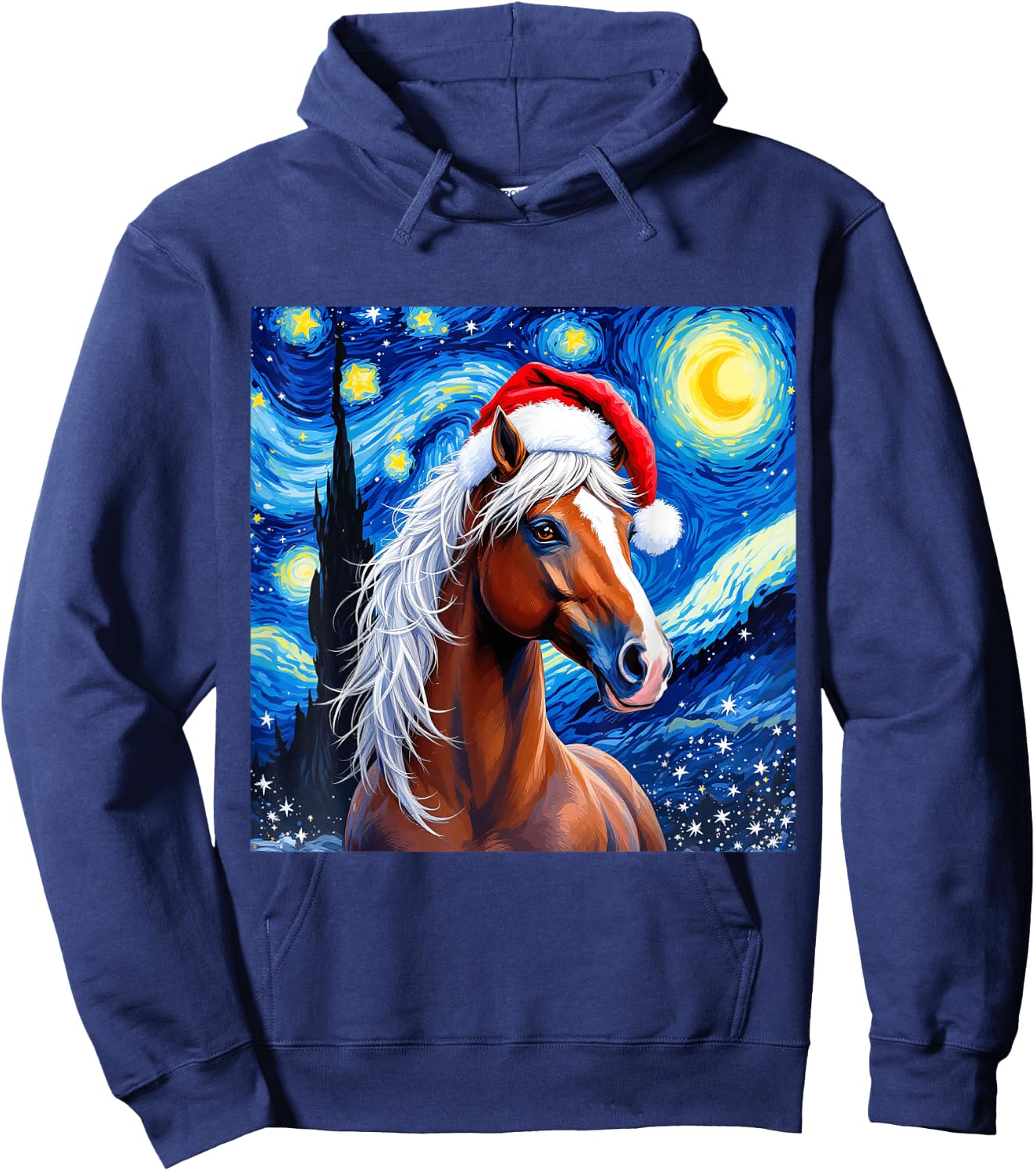 Christmas Horse Santa Hat Van Gogh Starry Night Holiday Hoodie - Hoodie | Navy