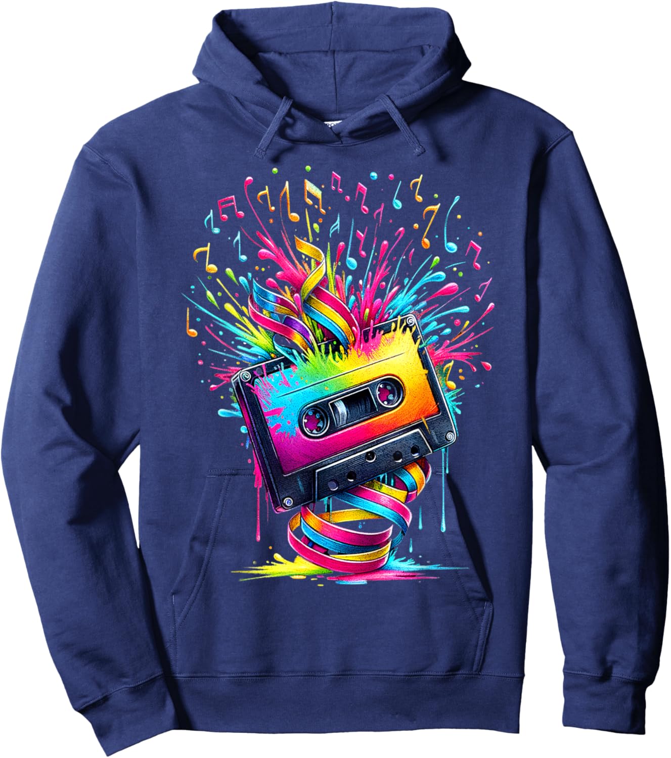 80s 90s Music Notes Cassette Tape Music Hoodie - Hoodie | Navy