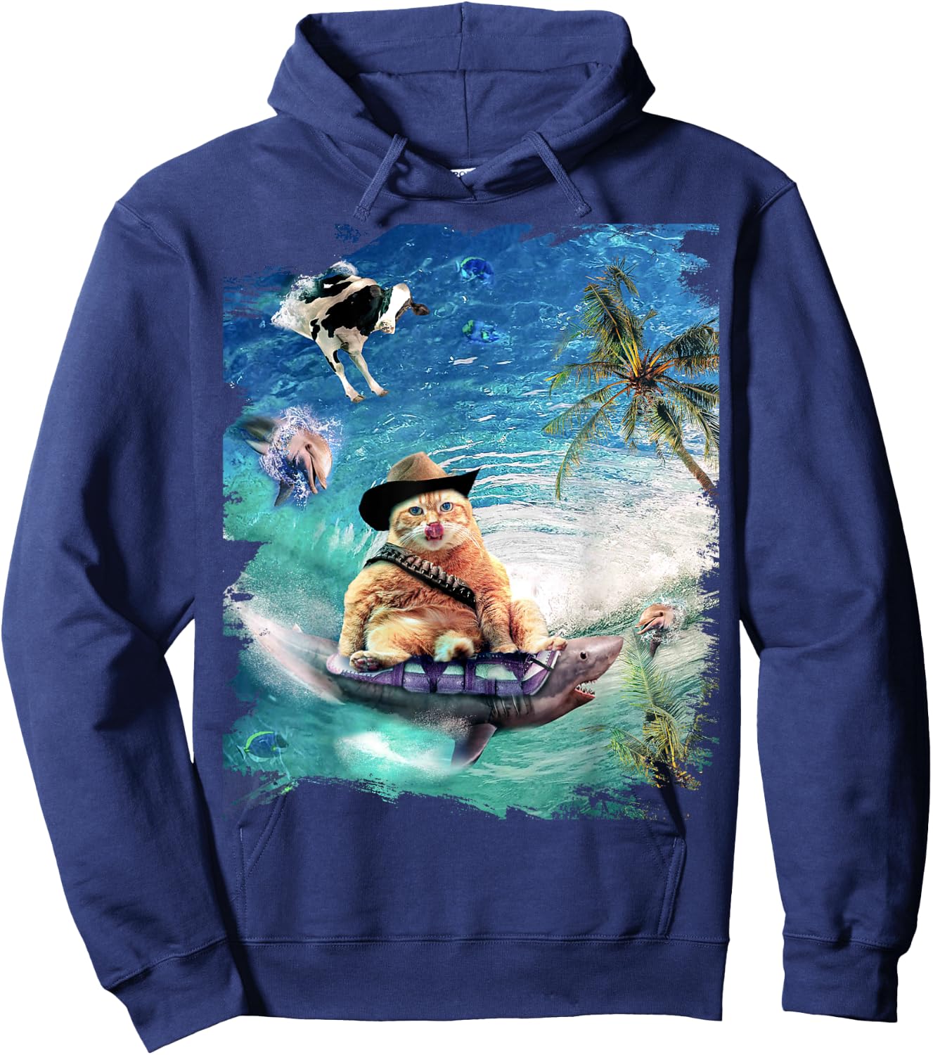 Surfing Cat Cowboy Riding Shark Hoodie - Hoodie | Navy