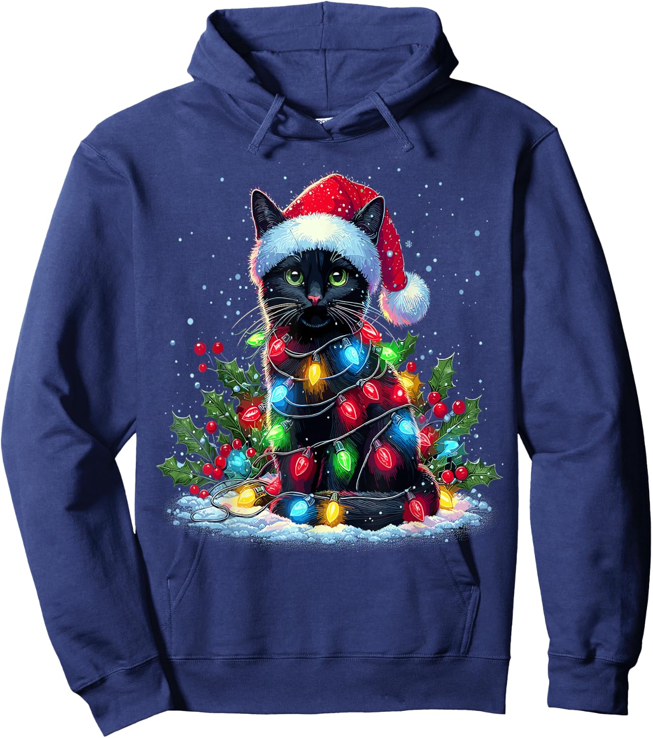 Black Cat Christmas Santa Hat Funny Meowy Cats Hoodie - Hoodie | Navy