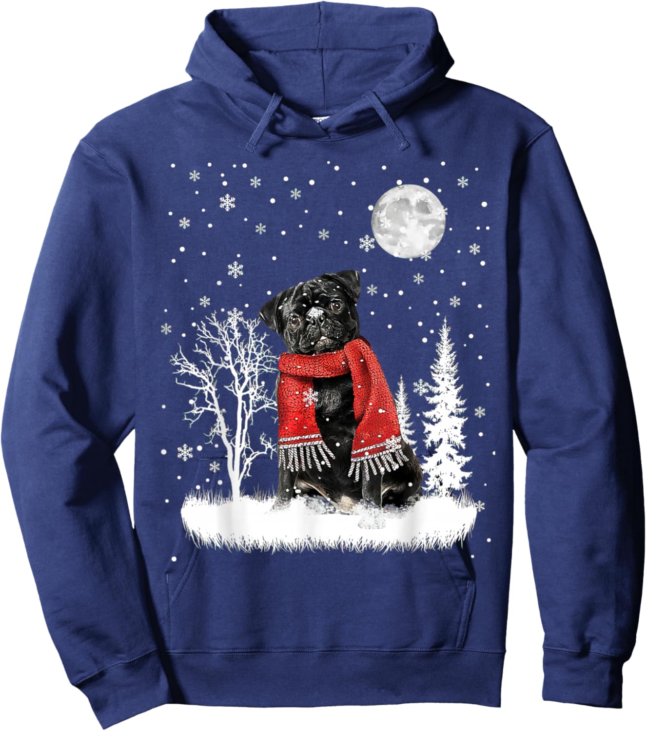 Pug Under Moonlight Snow Christmas Pajama Hoodie - Hoodie | Navy