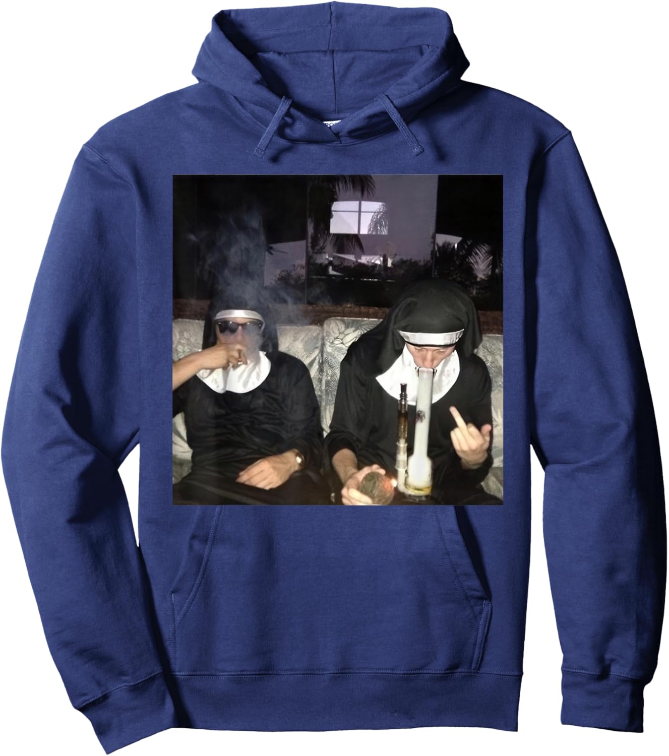 Vintage Nuns Smoking Cigarette Bong Funny Drug Nun Hoodie - Hoodie | Navy