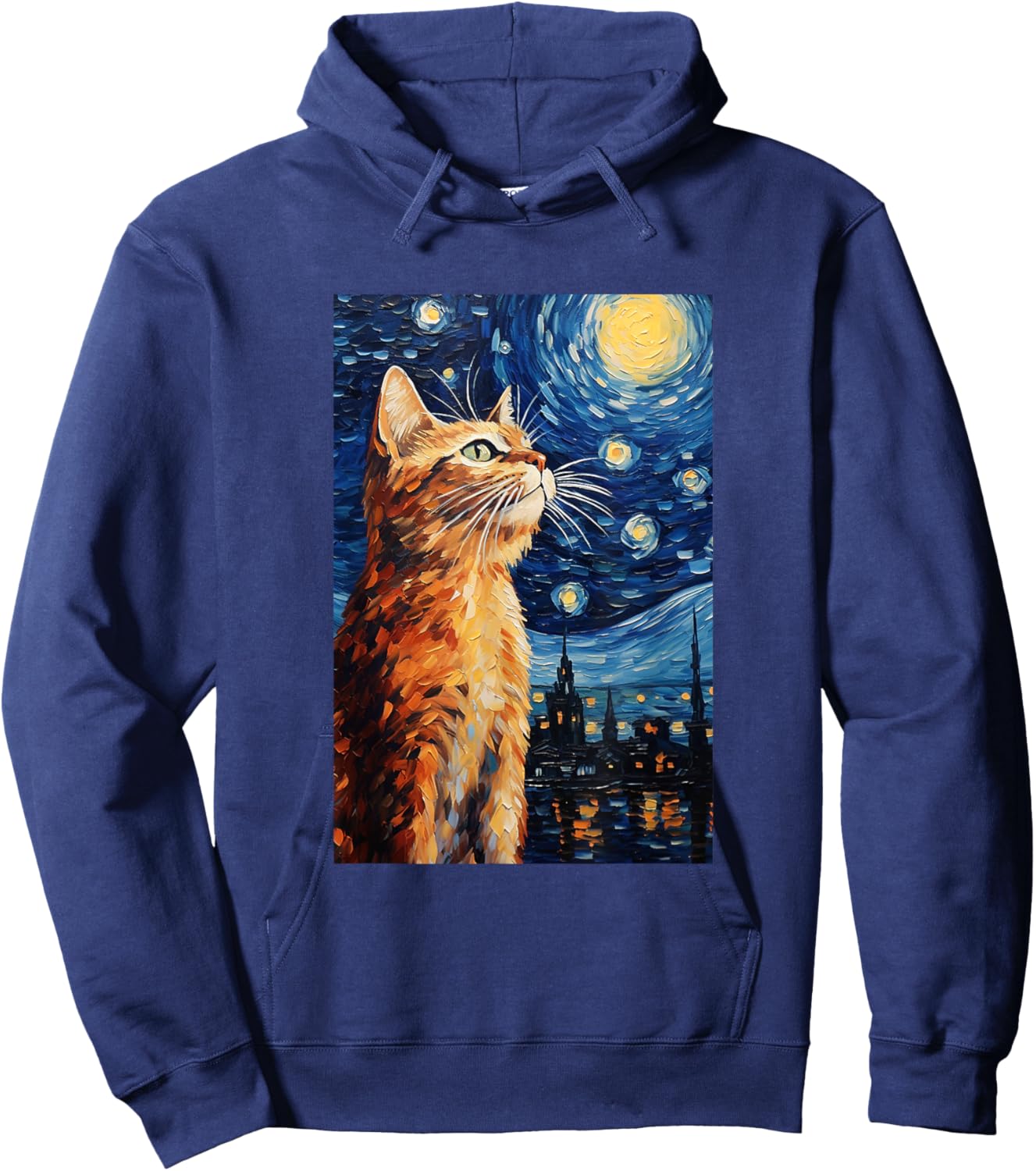 Cute Cat - Van Gogh Style - Starry Night Women Girls Kids Hoodie - Hoodie | Navy