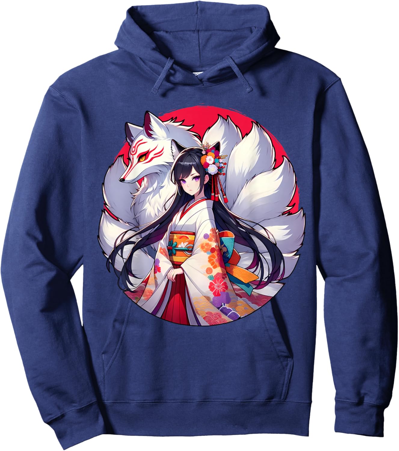 Japanese Anime Girl With Kitsune Nine Tailed Fox Hoodie - Hoodie | Navy
