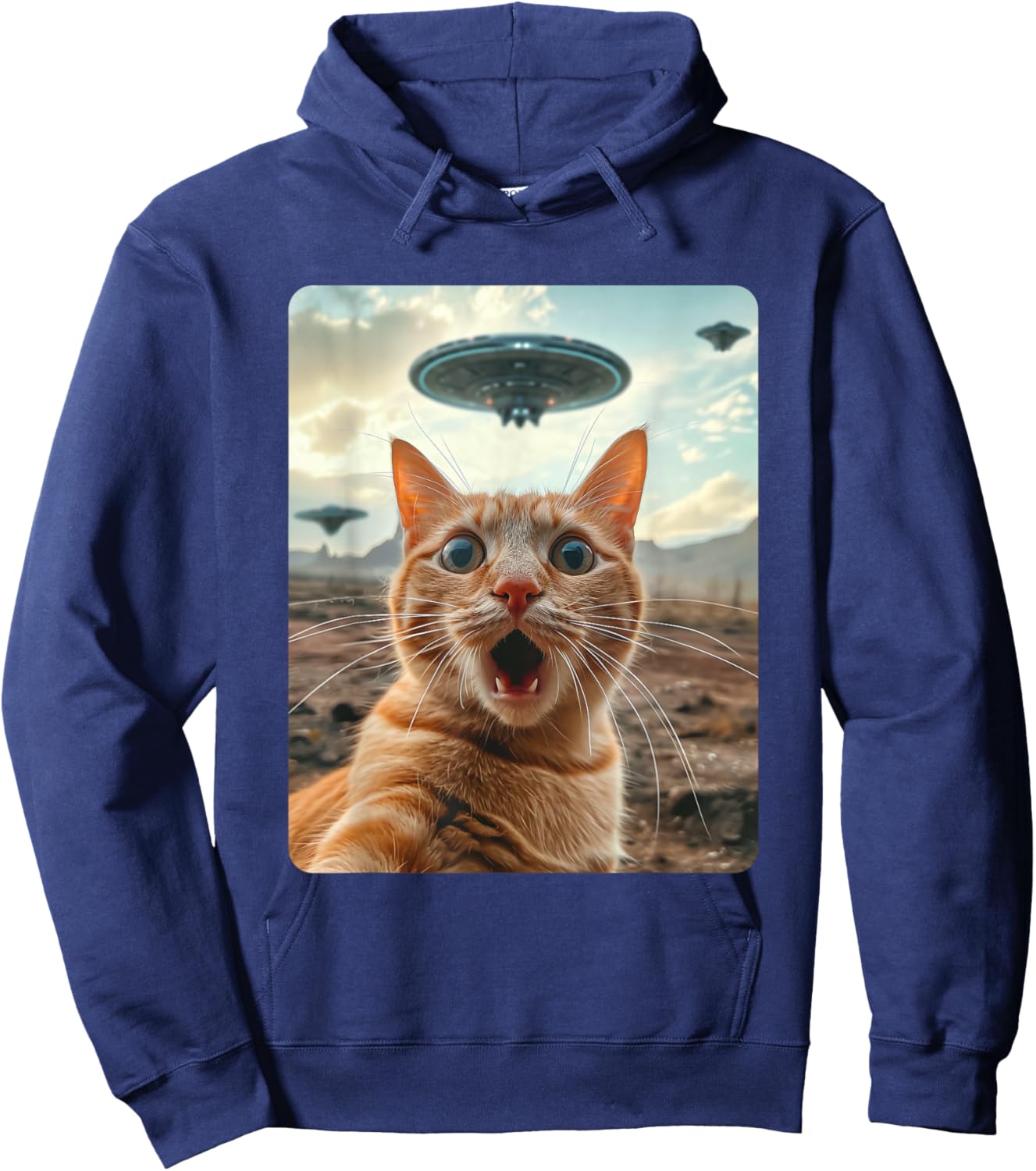Extraterrestrial Encounter: Cat Selfie with UFO Hoodie - Hoodie | Navy