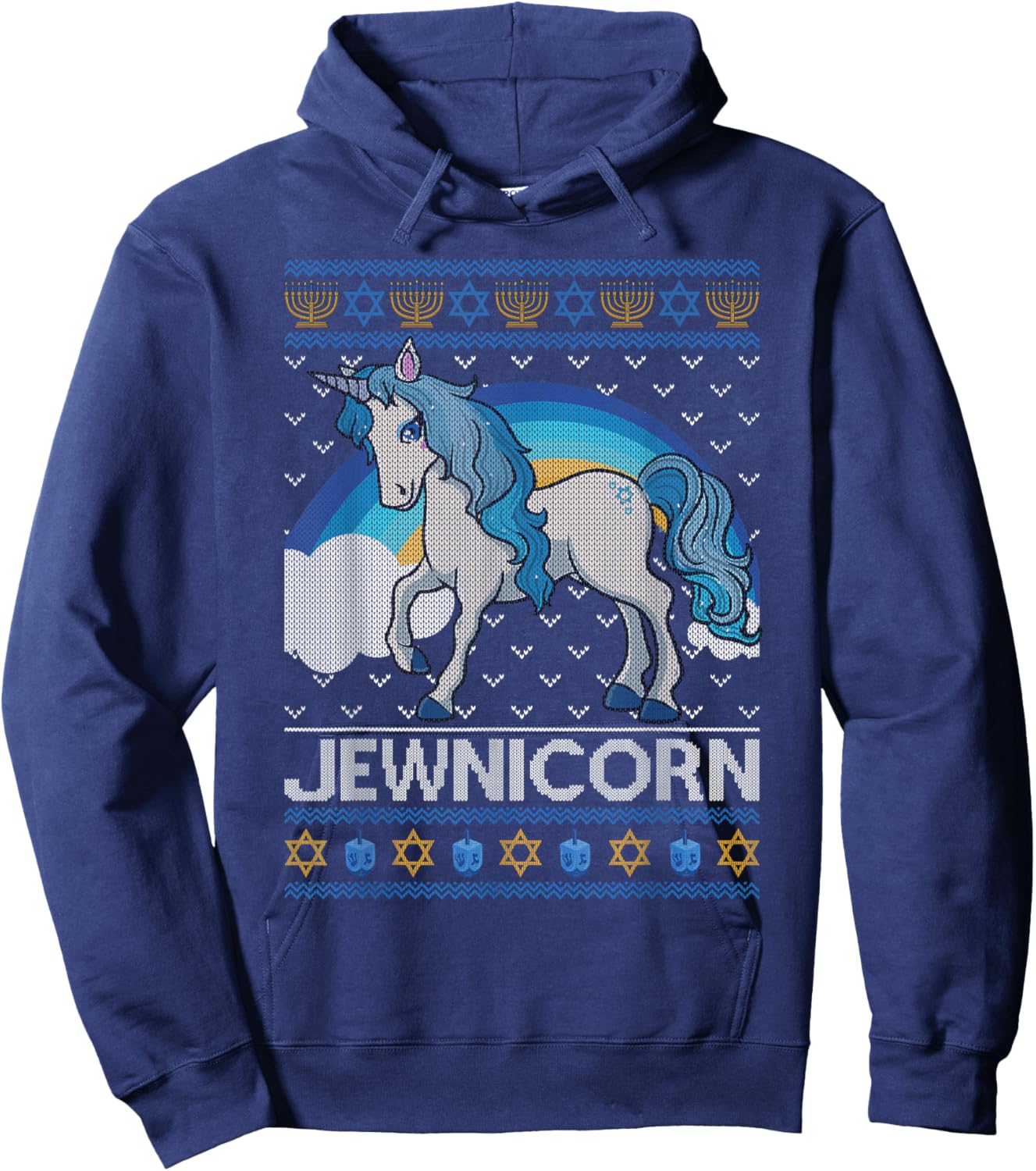Funny Jewnicorn Jewish Unicorn Menorah Ugly Hanukkah Sweater Hoodie - Hoodie | Navy