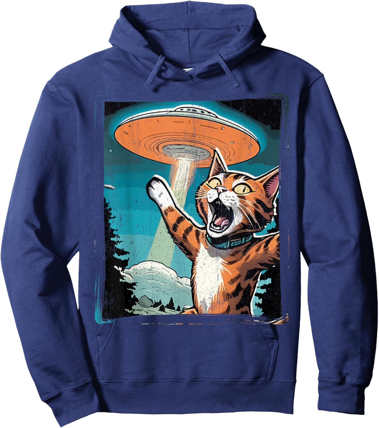 Funny Cat Selfie with UFO Cat Lover Gift Cat Mom Cat Dad Hoodie - Hoodie | Navy