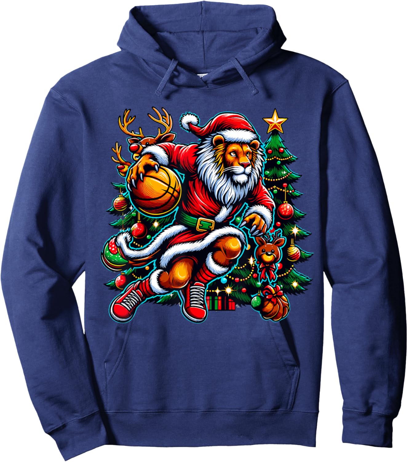 Santa Lion Play Basketball Christmas Funny Hoodie - Hoodie | Navy