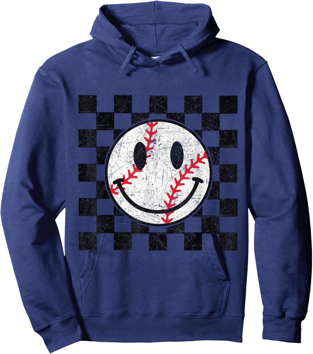 Baseball Smile Checkered Funny Sport Humor Hoodie - Hoodie | Navy