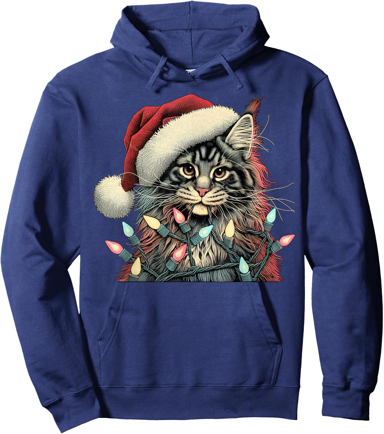 Maine Coon Cat Chew Christmas Light Xmas Holiday Funny Cute Hoodie - Hoodie | Navy