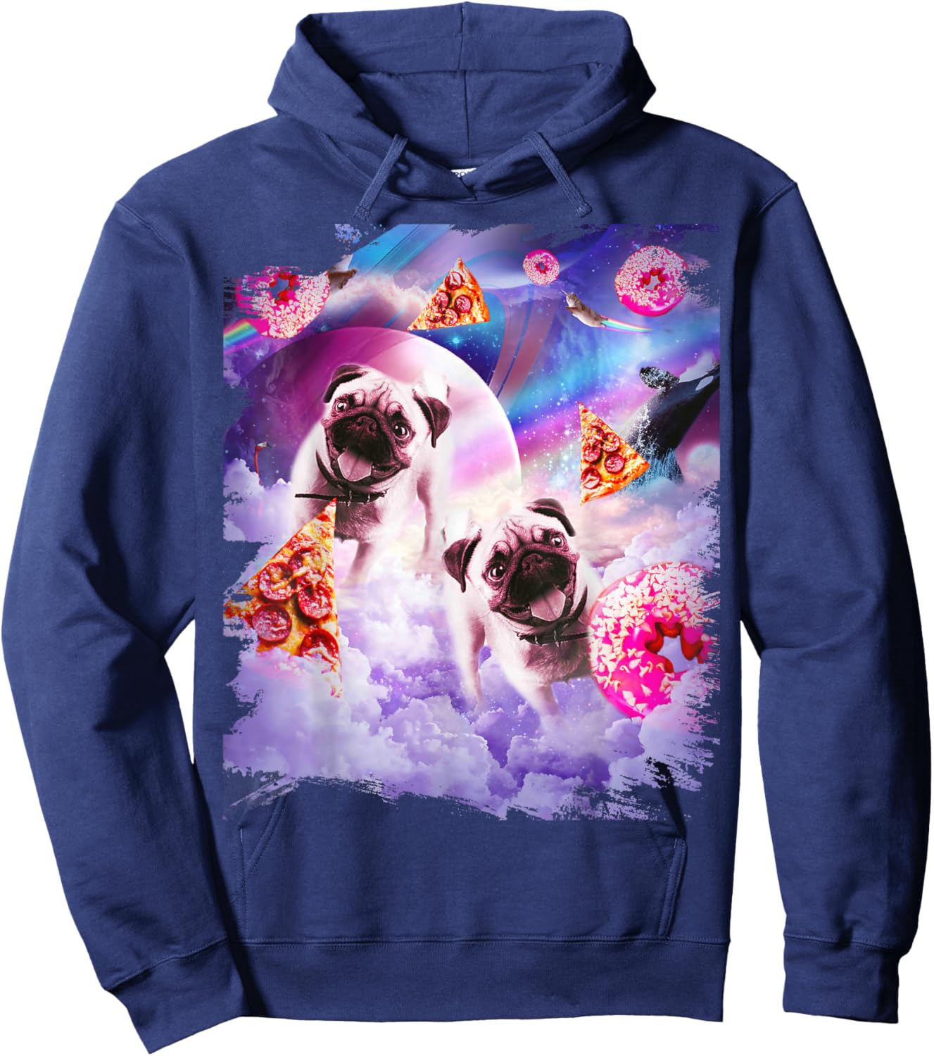Pugs in The Clouds with Donut and Pizza Hoodie - Hoodie | Navy