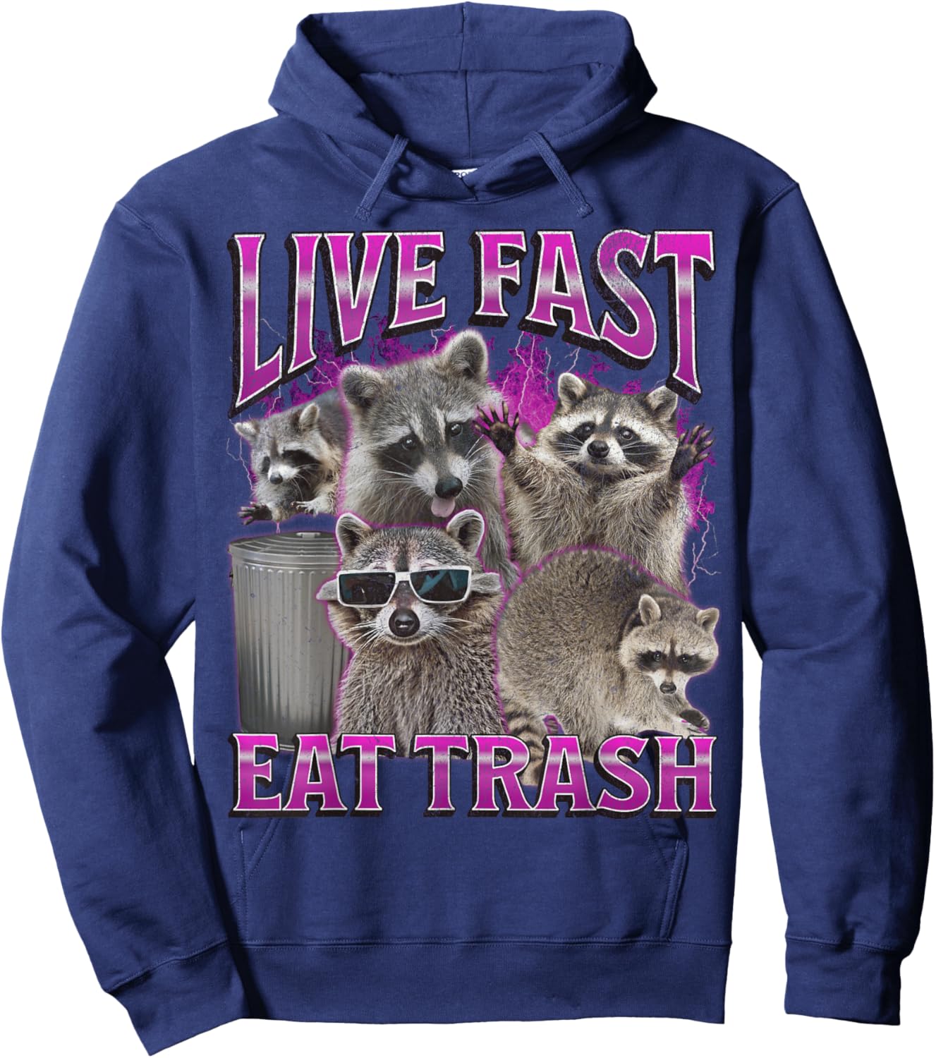 Live Fast Eat Trash Funny Raccoon Meme Bootleg Graphic 90s Hoodie - Hoodie | Navy