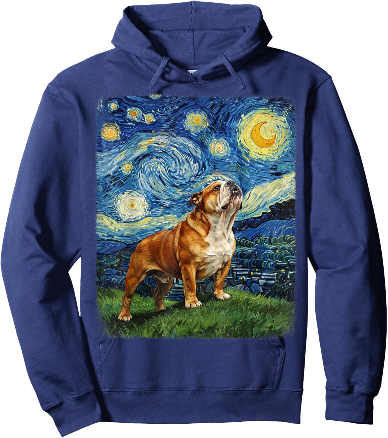 Bulldog Howling At Moon Starry Night Van Gogh Funny Hoodie - Hoodie | Navy