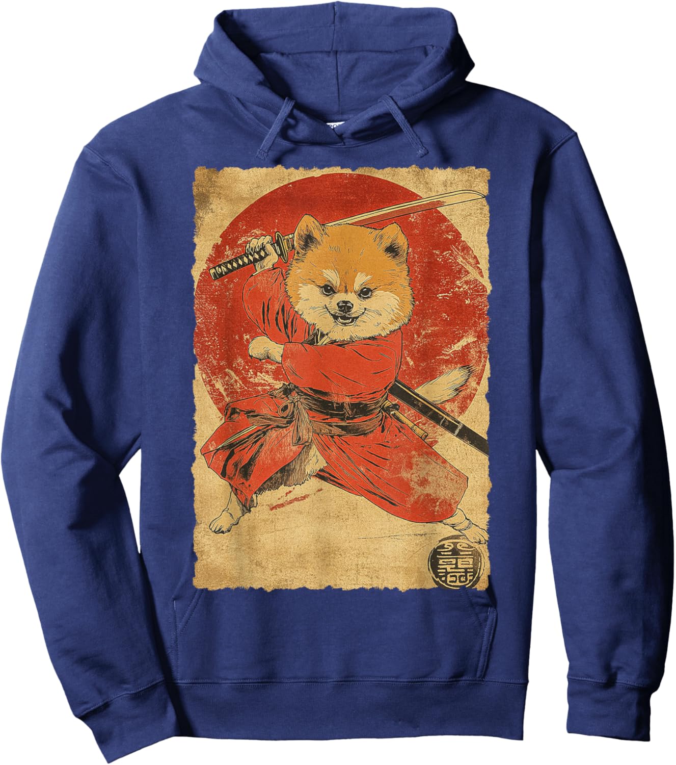 Funny Vintage Japanese Art Pomeranian Dog Ninja Samurai Women Girls Kids Hoodie - Hoodie | Navy