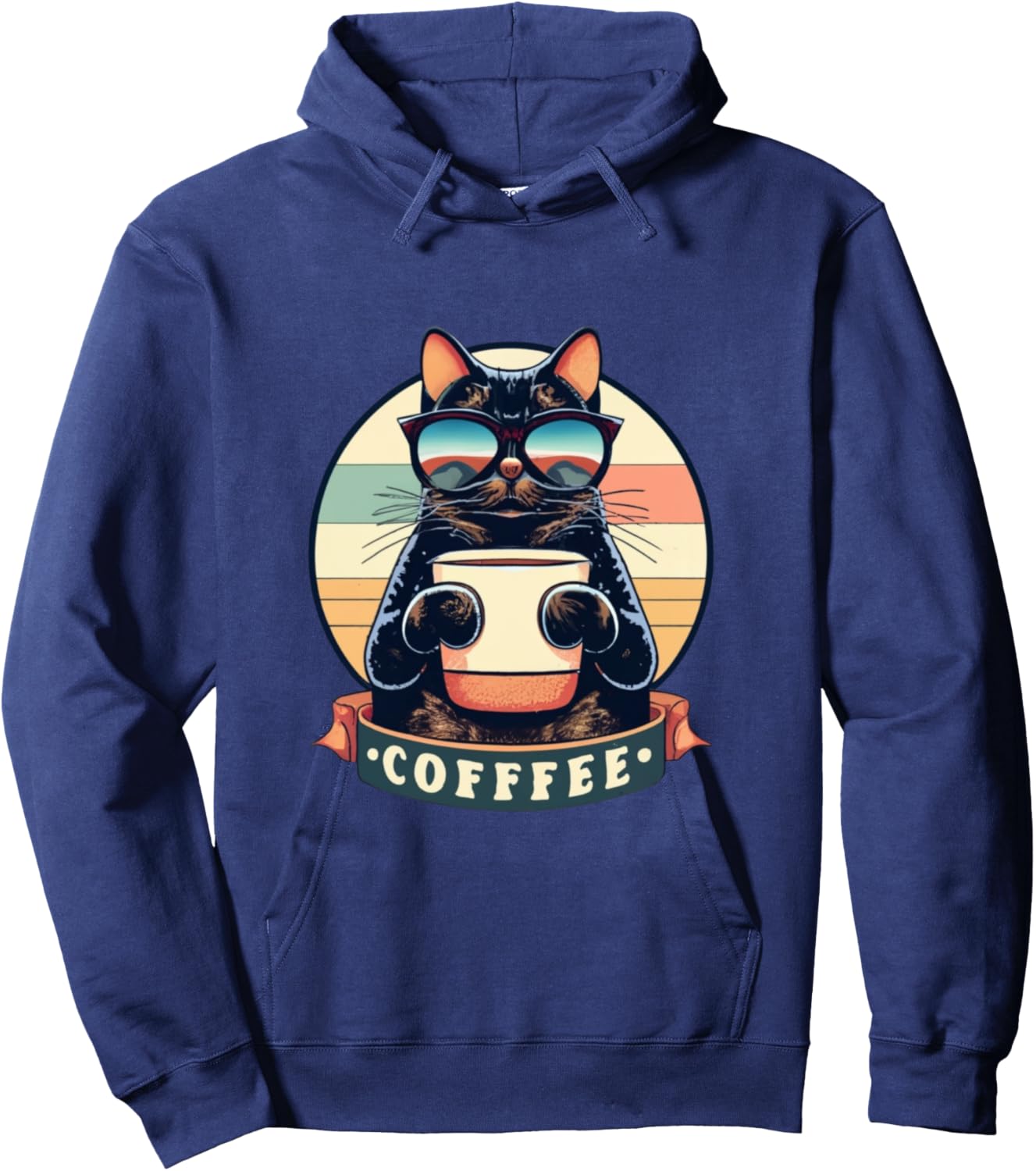 Cute Coffee Cat | Funny Vintage Cat | Black Cat | Retro Cat Hoodie - Hoodie | Navy
