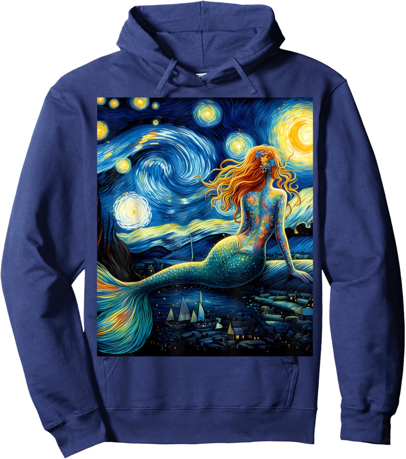 Mermaid Under Starry Night Sky Art Graphic Christmas Hoodie - Hoodie | Navy