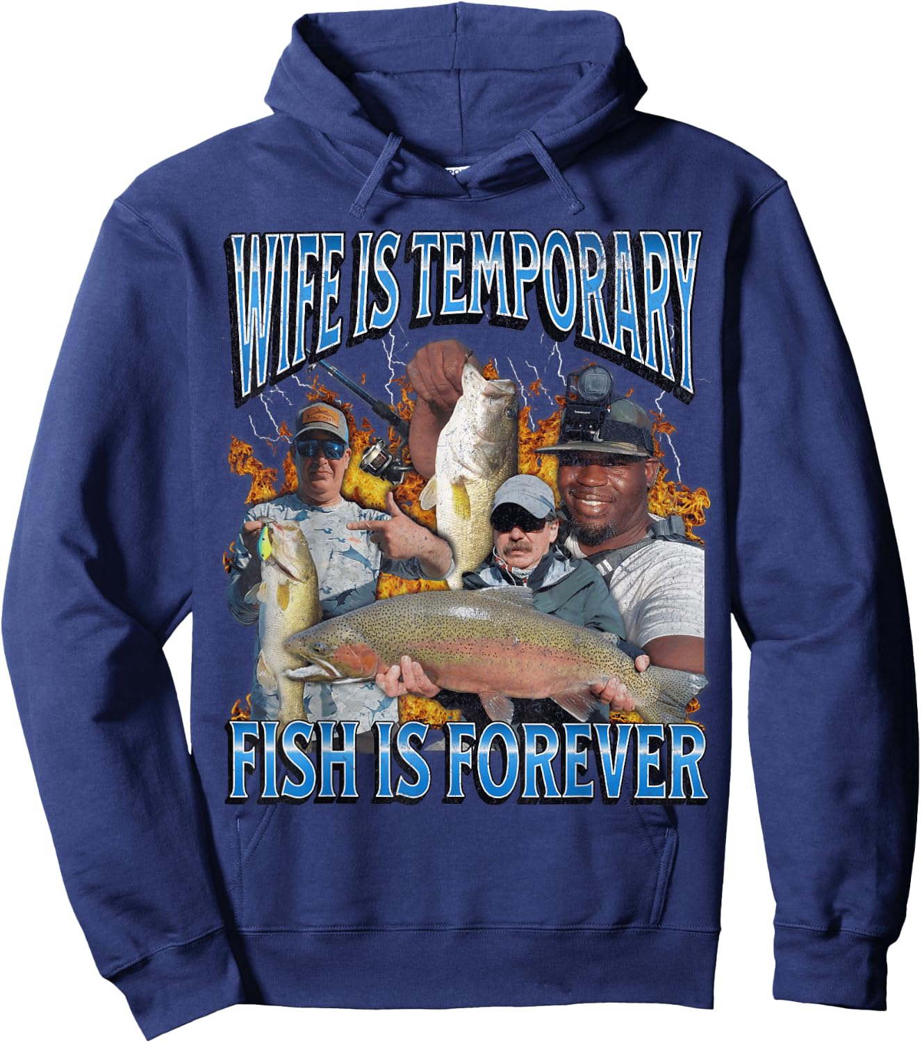 Wife Is Temporary Fish Is Forever Funny Fishing Meme Bootleg Hoodie - Hoodie | Navy