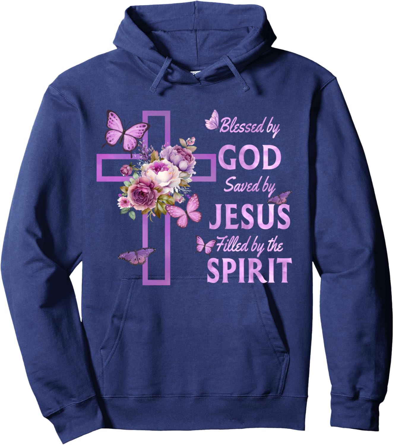 Blessed by God Saved by Jesus Purple Floral Cross Christian Hoodie - Hoodie | Navy