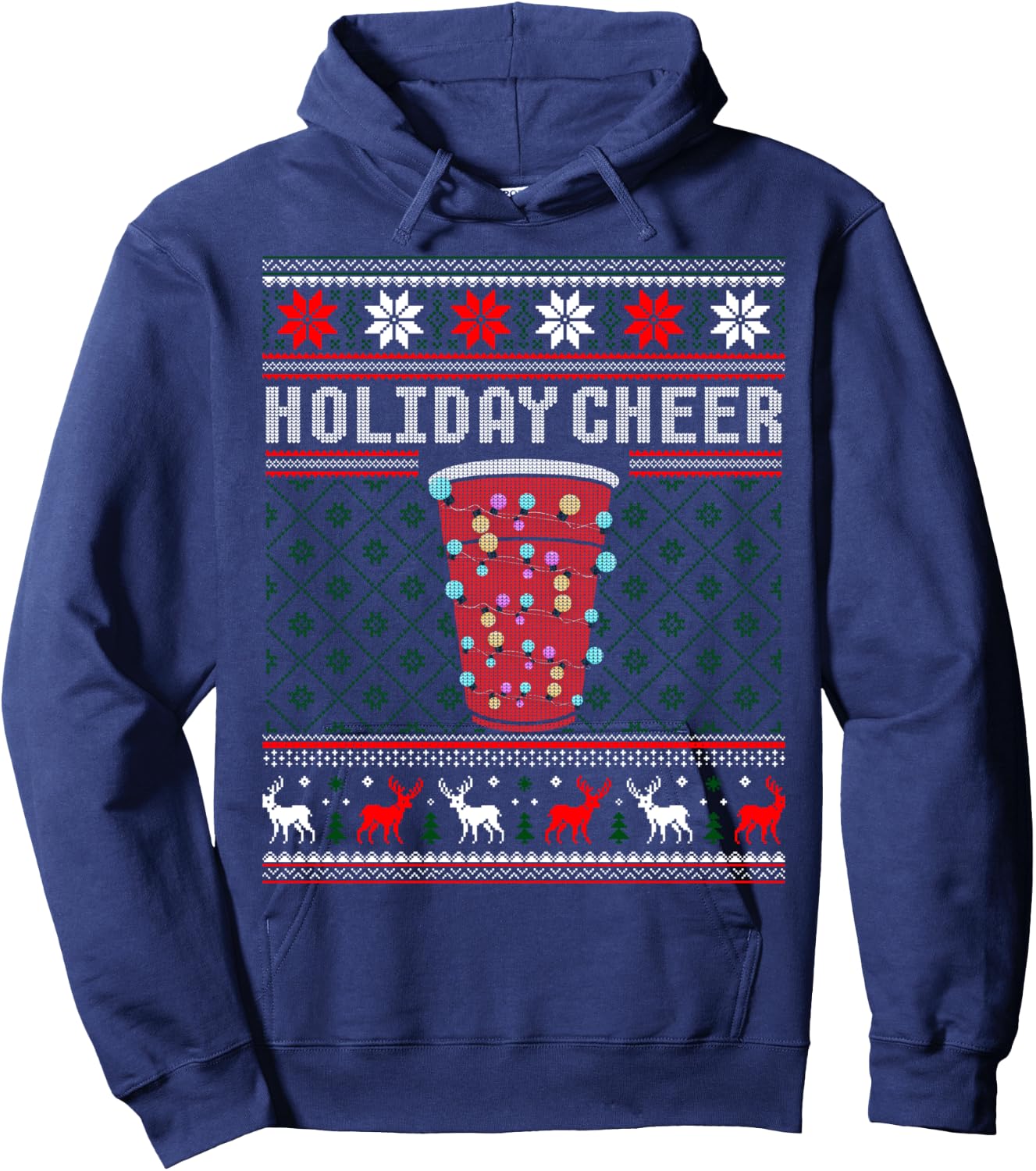 Holiday Cheer Red Solo Cup Christmas Beer Pong Ugly Sweater Hoodie - Hoodie | Navy