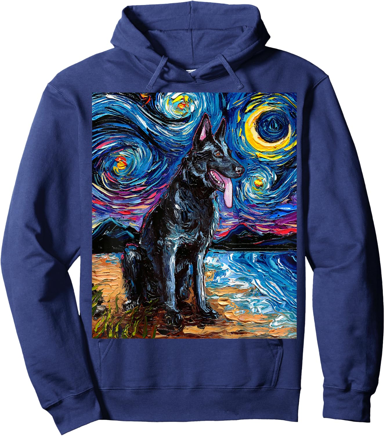 Black German Shepherd Starry Night Dog and Moon GSD Artwork Hoodie - Hoodie | Navy