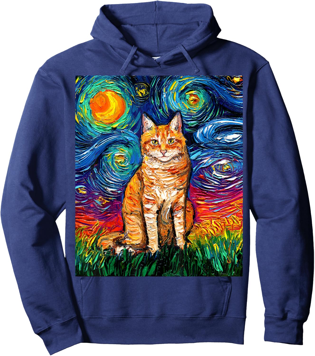 Orange Tabby Tiger Cat Starry Night Colorful Kitty Artwork Hoodie - Hoodie | Navy