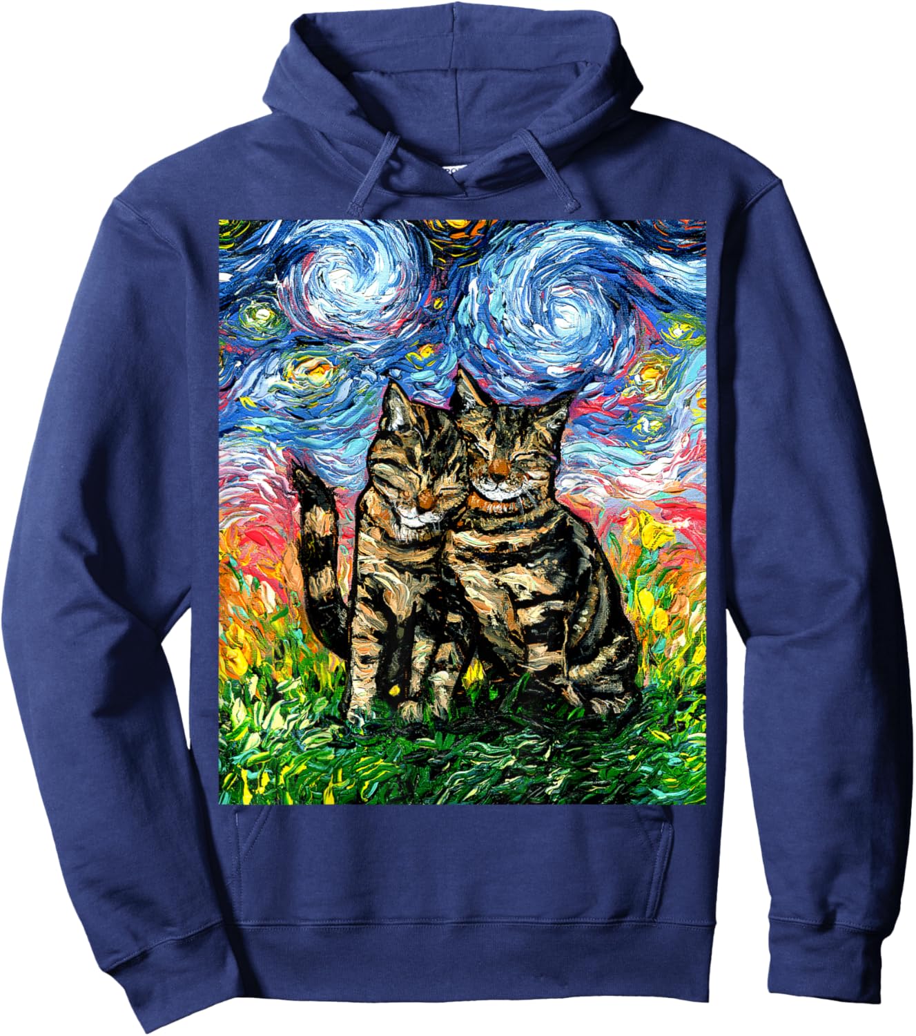 Tabby Cats Snuggling Cute Starry Night Kitten Artwork Hoodie - Hoodie | Navy