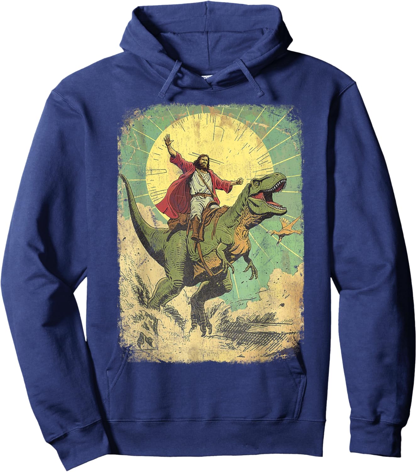 Jesus riding dinosaur Funny Christian retro dino raptor Hoodie - Hoodie | Navy