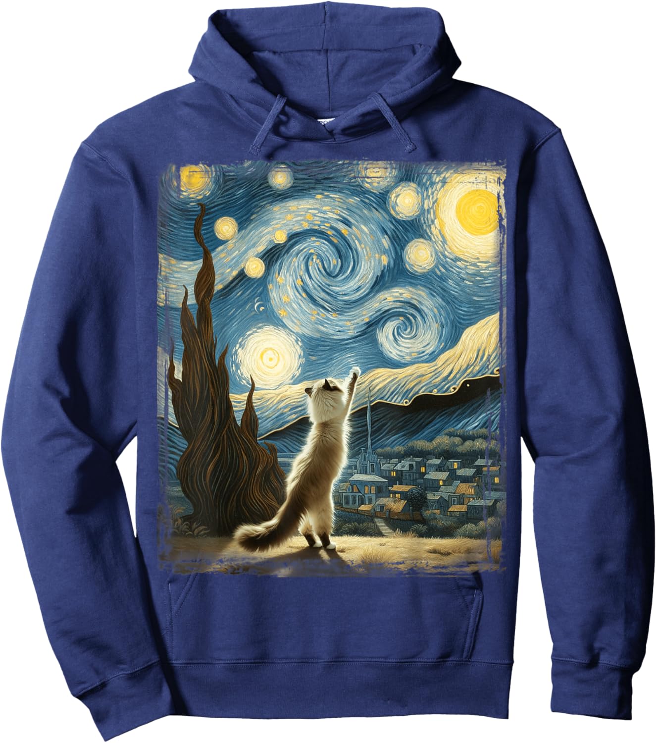 Van Gogh Starry Night Reaching Moon Artistic Pet Ragdoll Cat Hoodie - Hoodie | Navy