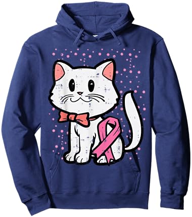Pink Ribbon Cat Breast Cancer Awareness Women Girls Kids Hoodie - Hoodie | Navy