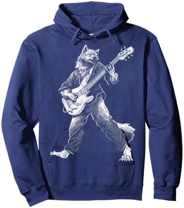 Rocking Wolf with Guitar Rock and Roll Vintage ROCK Music Hoodie - Hoodie | Navy