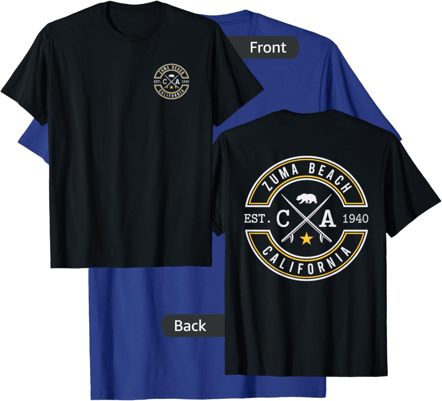Zuma Beach Beach California CA Retro Surfer Front & Back T-Shirt - T-Shirt | Royal