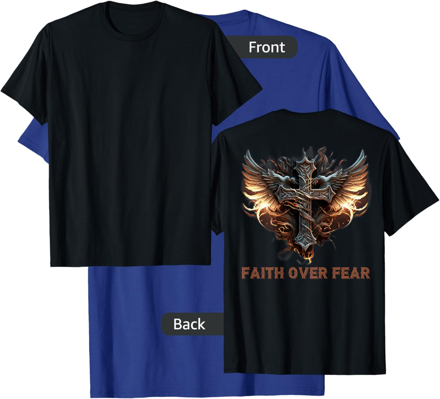 Angel Wings Christian Cross Faith Over Fear - On Back T-Shirt - T-Shirt | Royal