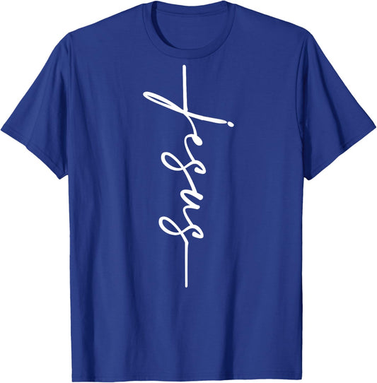 Jesus Cursive Writing Cross Jesus Vertical Cross ART ON BACK T-Shirt - T-Shirt | Royal