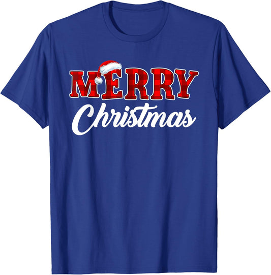 Merry Christmas Buffalo Plaid Red Xmas Santa Hat Pajamas T-Shirt - T-Shirt | Royal