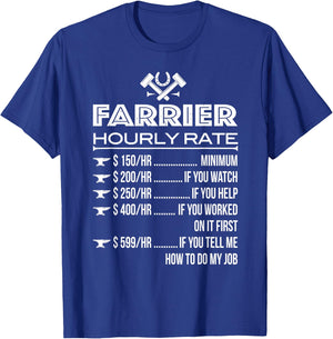 Horse Foot Care Specialist Job Title Wage Chart Funny Farrier Rates Labor Horseshoer Equine Hoof Worker Gift T-Shirt - T-Shirt | Royal