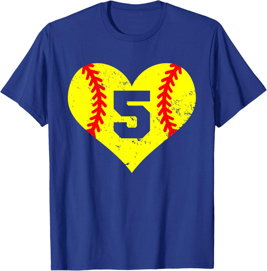 Softball Number 5 Jersey Funny Softball Heart Game Day T-Shirt - T-Shirt | Royal