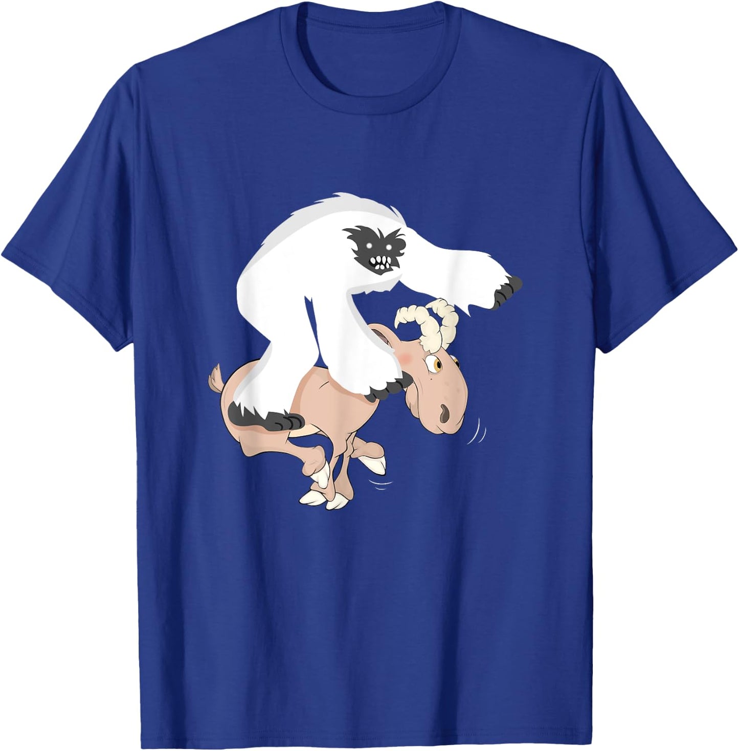 Funny Baby Yeti Riding Goat Cartoon Bigfoot Play Junior Goat T-Shirt - T-Shirt | Royal