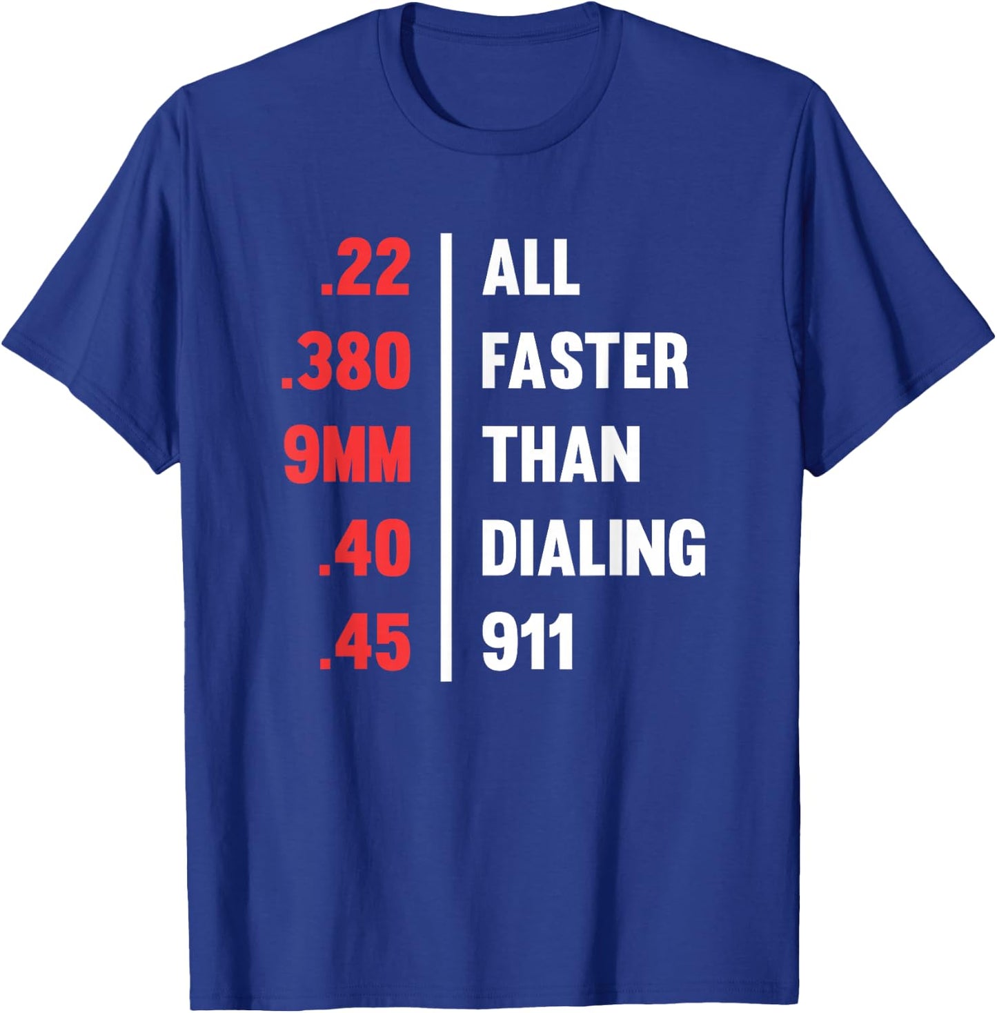 Bullets All Faster Than Dialing 911 .22 .380 9mm .45 T-Shirt - T-Shirt | Royal