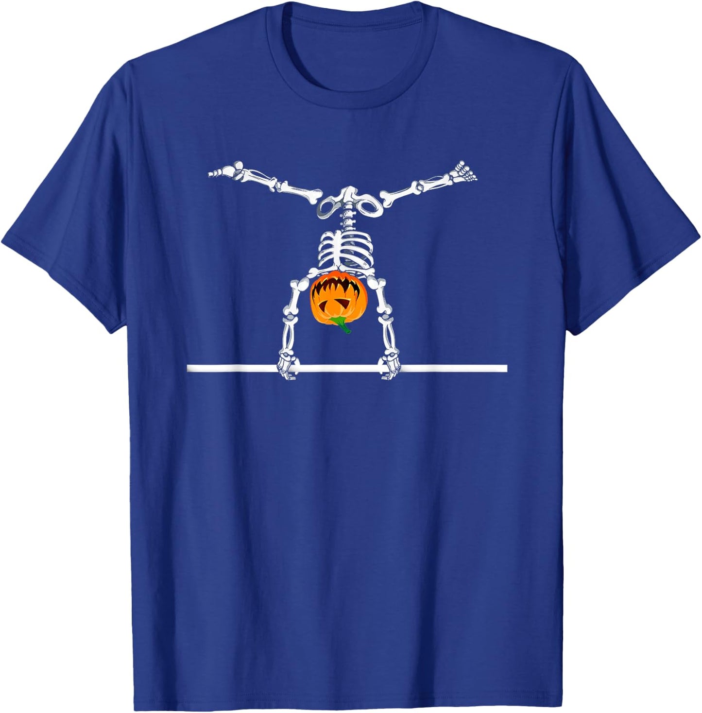 Skeleton Gymnastics Halloween Pumpkin Horizontal Bar T-Shirt - T-Shirt | Royal