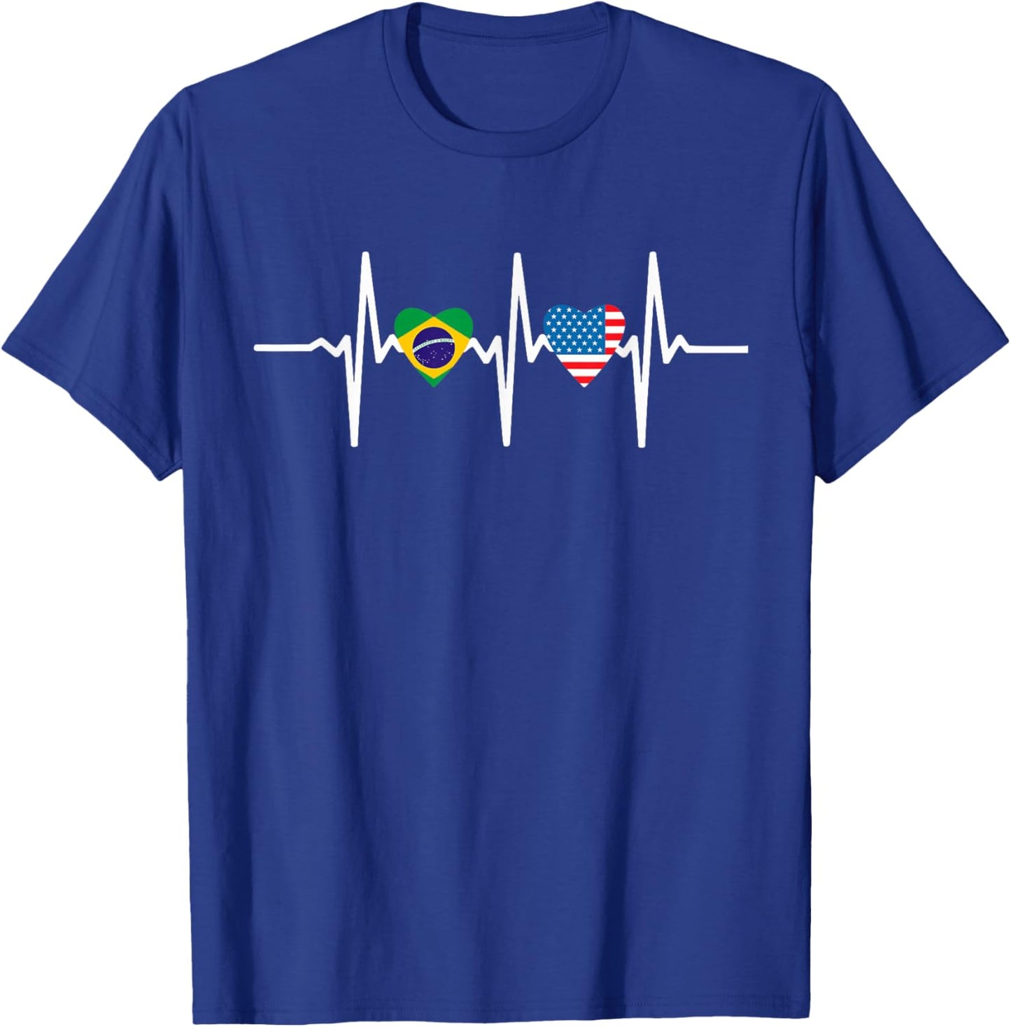 Half American Brazilian America Brazil Flag Heartbeat Heart T-Shirt - T-Shirt | Royal