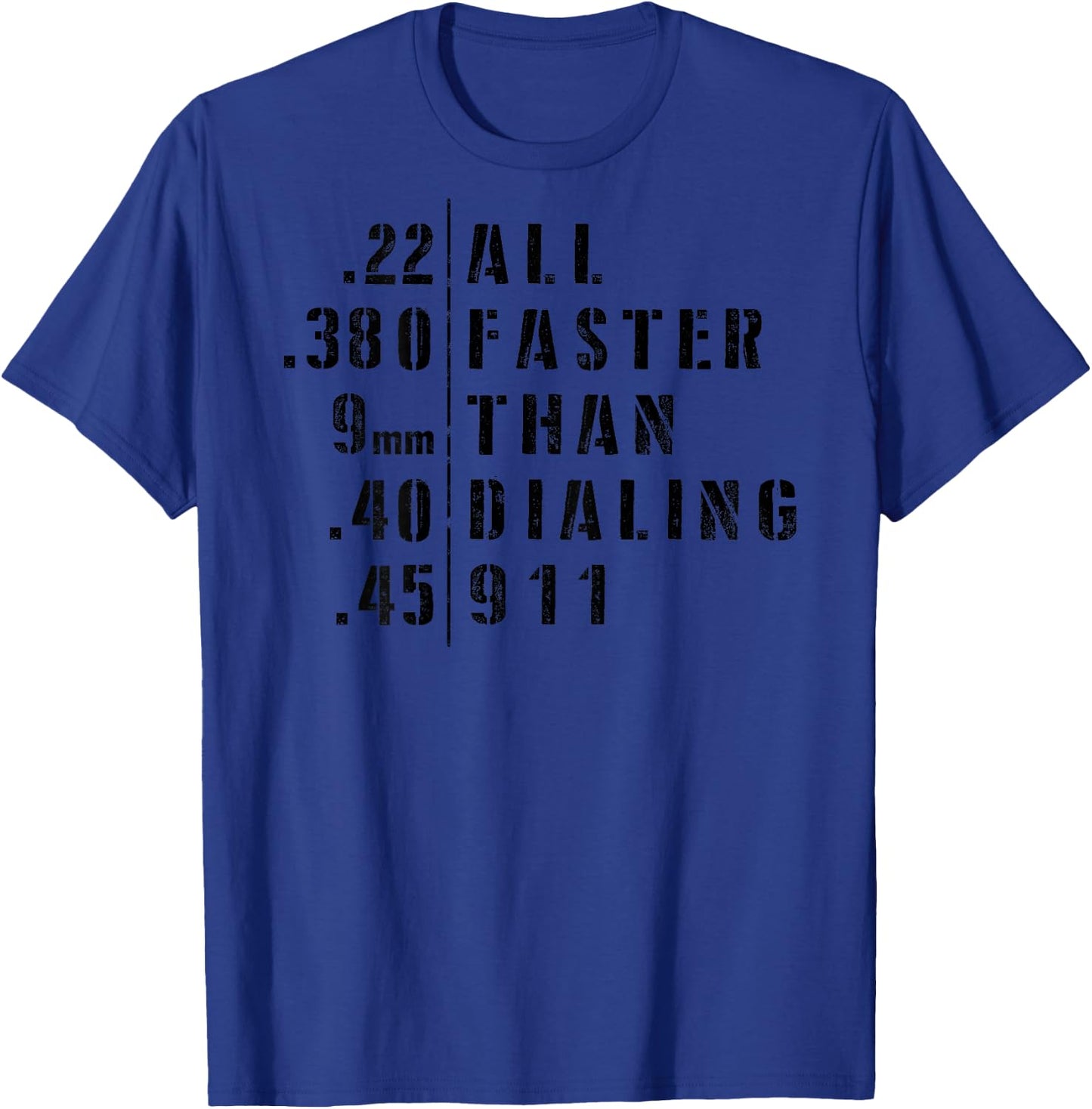 .22 .380 9mm .40 .45 All Faster Than Dialing 911 Sarcastic T-Shirt - T-Shirt | Royal