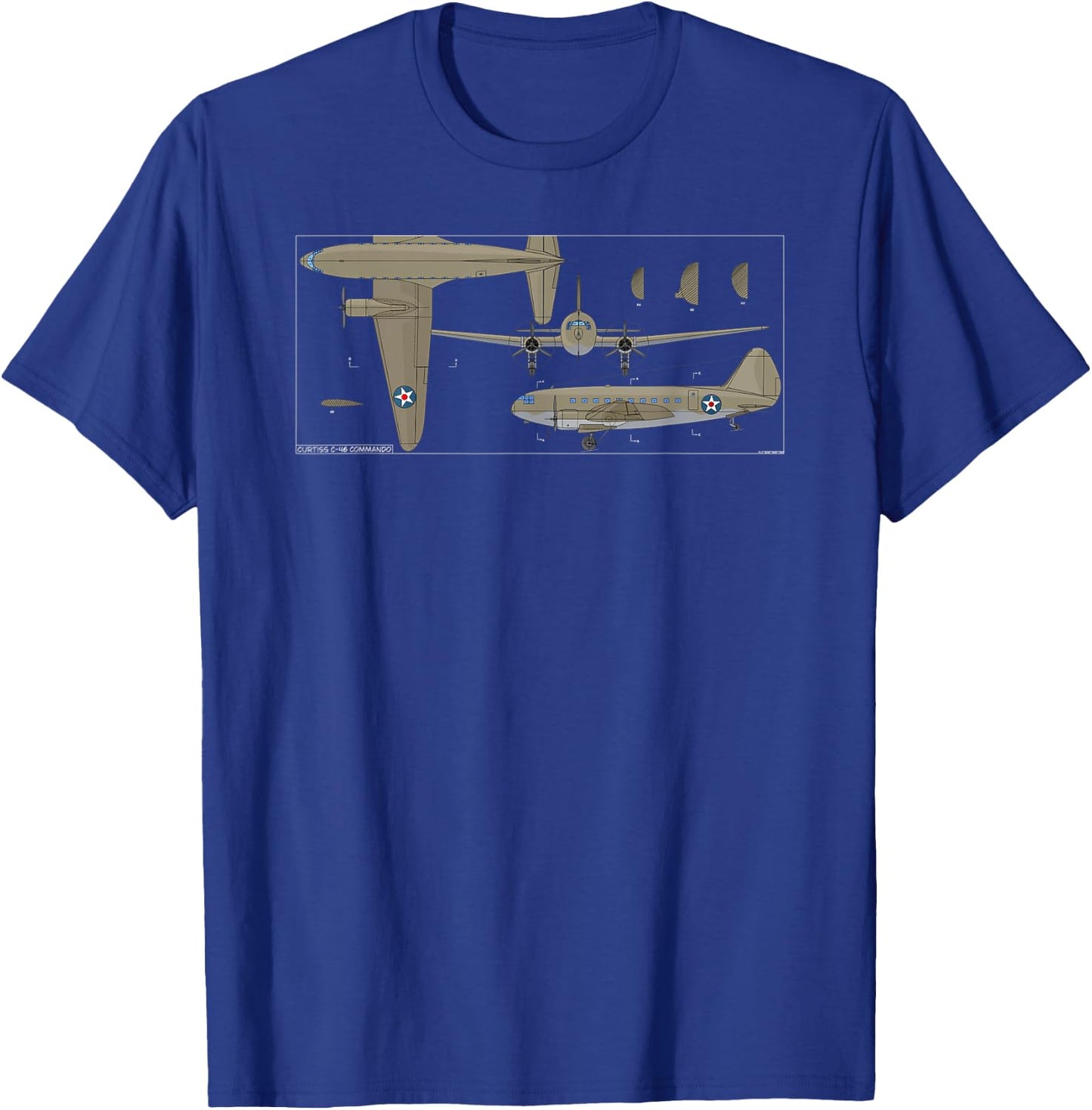 Curtiss C-46 Commando American WW2 Transport Plane Diagram T-Shirt - T-Shirt | Royal