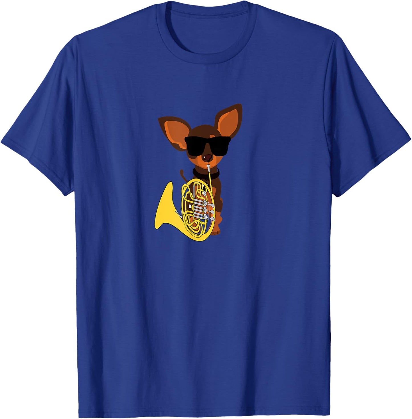 Funny Dog Wearing Sunglasses Playing French Horn Women Kids T-Shirt - T-Shirt | Royal