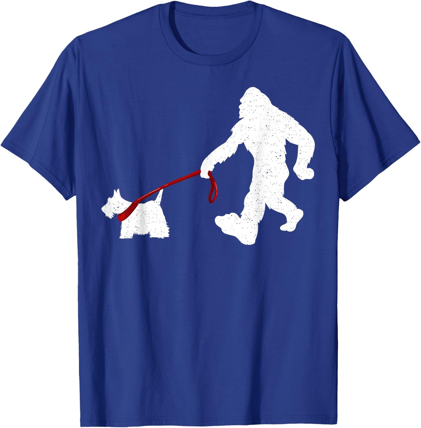 Funny Bigfoot Walking With Scottish Terrier Dog Gifts Women Girls Kids T-Shirt - T-Shirt | Royal