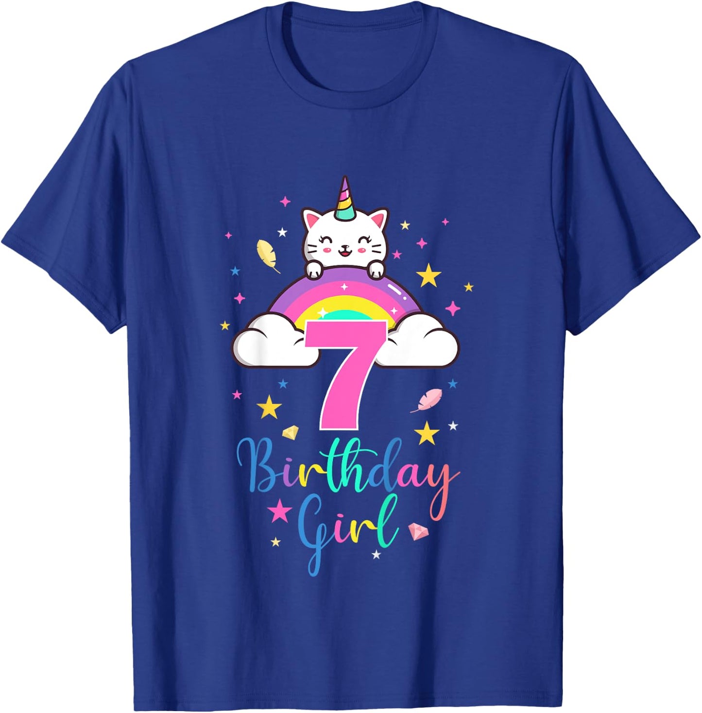 7th Birthday Girl Seven Years Old Birthday Caticorn Rainbow T-Shirt - T-Shirt | Royal
