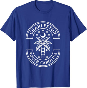 Palm Tree Under Crescent Moon Charleston South Carolina T-Shirt - T-Shirt | Royal