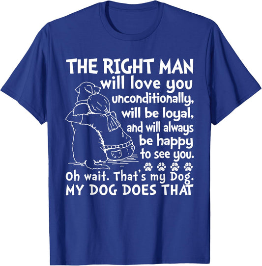Dog The Right Man Will Love You Unconditionally T-Shirt - T-Shirt | Royal