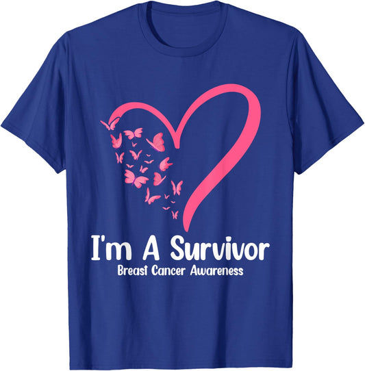 Pink Butterfly Heart I'm a Survivor Breast Cancer Awareness T-Shirt - T-Shirt | Royal