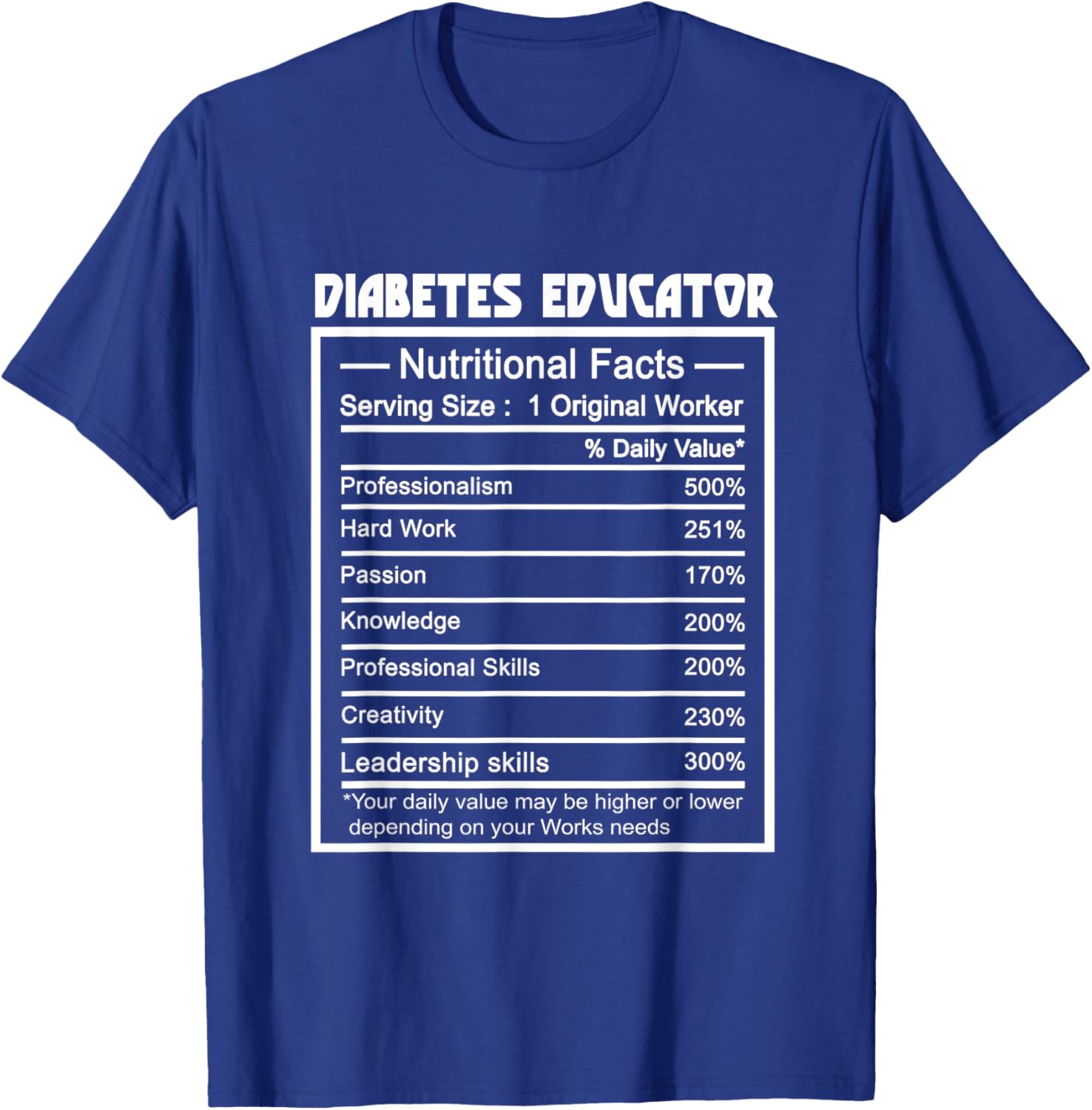 Funny Job Title Worker Nutrition Facts Diabetes Educator T-Shirt - T-Shirt | Royal