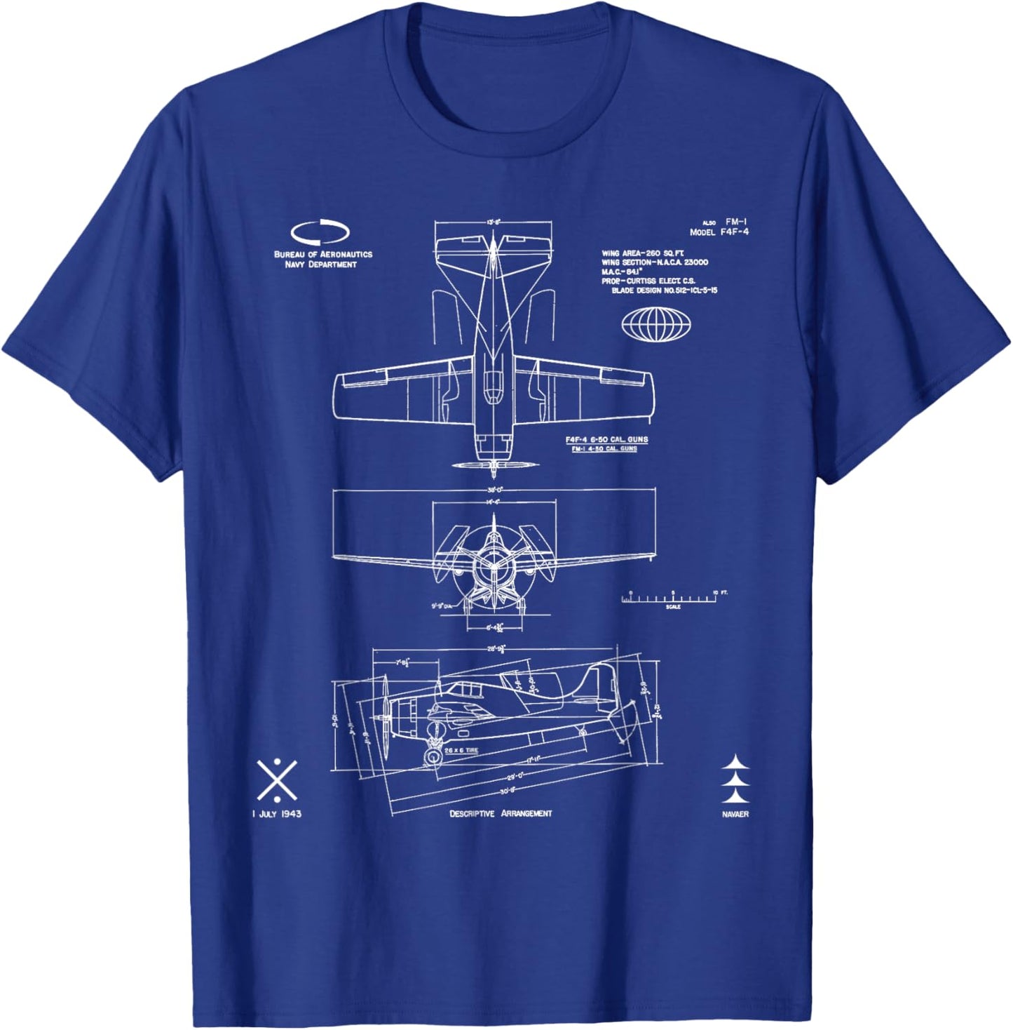 Grumman F4F-4 Wildcat Fighter Aircraft Technical Blueprint T-Shirt - T-Shirt | Royal